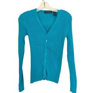 Vintage Y2K Express Ribbed Knit Cardigan 90s Blue Layering Fitted Women Large